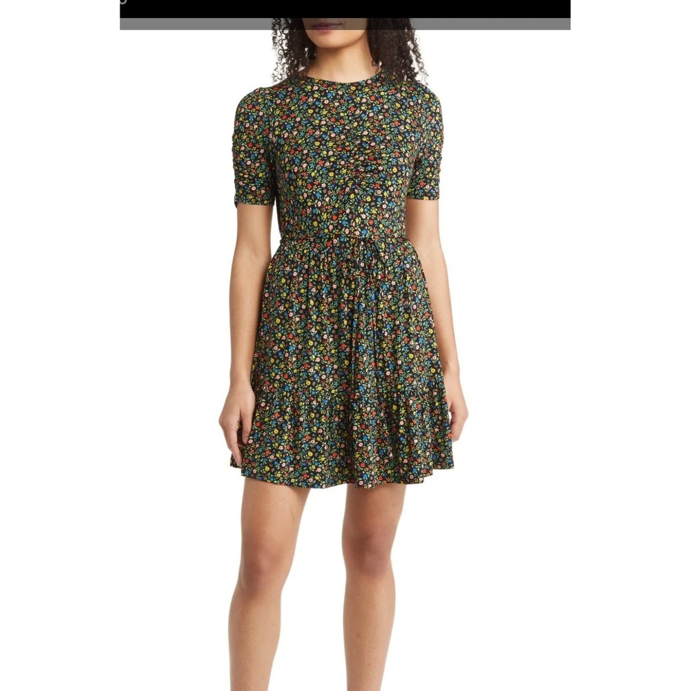 Boden Floral Jersey Dress Womens 10R Black Multi Wildflower Tiered‎ Cottagecore